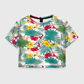 Женская футболка 3D укороченная с принтом Тропический узор в Санкт-Петербурге, 100% полиэстер | круглая горловина, длина футболки до линии талии, рукава с отворотами | flower | тропики | тропический p | цветочки | цветы