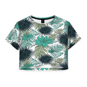 Женская футболка 3D укороченная с принтом Tropical в Санкт-Петербурге, 100% полиэстер | круглая горловина, длина футболки до линии талии, рукава с отворотами | flower | тропики | тропический | цветы