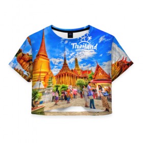 Женская футболка 3D укороченная с принтом Таиланд в Санкт-Петербурге, 100% полиэстер | круглая горловина, длина футболки до линии талии, рукава с отворотами | architecture | bangkok | clouds | landmark | people | sky | temple of the emerald buddha | thailand | tourism | архитектура | бангкок | достопримечательность | люди | небо | облака | таиланд | туризм | храм изумрудного будды
