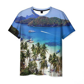 Мужская футболка 3D с принтом Таиланд в Санкт-Петербурге, 100% полиэфир | прямой крой, круглый вырез горловины, длина до линии бедер | beach | clouds | islands | palm trees | people | sand | sea | ships | sky | thailand | tourism | корабли | люди | море | небо | облака | острова | пальмы | песок | пляж | таиланд | туризм