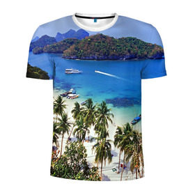 Мужская футболка 3D спортивная с принтом Таиланд в Санкт-Петербурге, 100% полиэстер с улучшенными характеристиками | приталенный силуэт, круглая горловина, широкие плечи, сужается к линии бедра | beach | clouds | islands | palm trees | people | sand | sea | ships | sky | thailand | tourism | корабли | люди | море | небо | облака | острова | пальмы | песок | пляж | таиланд | туризм