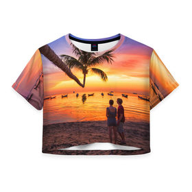 Женская футболка 3D укороченная с принтом Таиланд в Санкт-Петербурге, 100% полиэстер | круглая горловина, длина футболки до линии талии, рукава с отворотами | beach | clouds | love | palm tree | people | sea | sky | sunset | thailand | tourism | закат | любовь | люди | море | небо | облака | пальма | пляж | таиланд | туризм