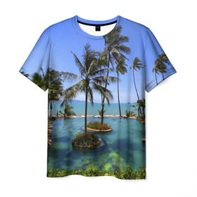 Мужская футболка 3D с принтом Таиланд в Санкт-Петербурге, 100% полиэфир | прямой крой, круглый вырез горловины, длина до линии бедер | clouds | hiking | sea | sky | swimming pool | thailand | trees | бассейн | море | небо | облака | пальмы | таиланд | туризм