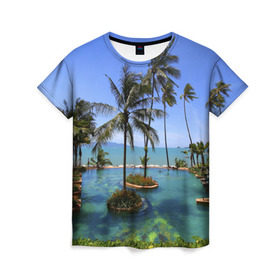 Женская футболка 3D с принтом Таиланд в Санкт-Петербурге, 100% полиэфир ( синтетическое хлопкоподобное полотно) | прямой крой, круглый вырез горловины, длина до линии бедер | clouds | hiking | sea | sky | swimming pool | thailand | trees | бассейн | море | небо | облака | пальмы | таиланд | туризм