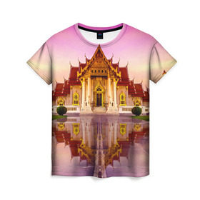 Женская футболка 3D с принтом Таиланд в Санкт-Петербурге, 100% полиэфир ( синтетическое хлопкоподобное полотно) | прямой крой, круглый вырез горловины, длина до линии бедер | landmark | reflection | temple | thailand | tourism | water | вода | достопримечательность | отражение | таиланд | туризм | храм