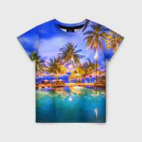 Детская футболка 3D с принтом Таиланд в Санкт-Петербурге, 100% гипоаллергенный полиэфир | прямой крой, круглый вырез горловины, длина до линии бедер, чуть спущенное плечо, ткань немного тянется | clouds | pool | reflection | sea | sky | sunset | thailand | tourism | trees | water | бассейн | вода | закат | море | небо | облака | отражение | пальмы | таиланд | туризм