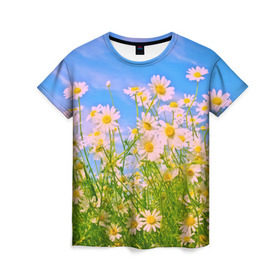 Женская футболка 3D с принтом Ромашка в Санкт-Петербурге, 100% полиэфир ( синтетическое хлопкоподобное полотно) | прямой крой, круглый вырез горловины, длина до линии бедер | flower | лето | полевой цветок | цветочки | цветы