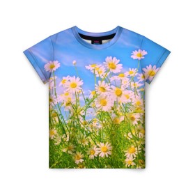 Детская футболка 3D с принтом Ромашка в Санкт-Петербурге, 100% гипоаллергенный полиэфир | прямой крой, круглый вырез горловины, длина до линии бедер, чуть спущенное плечо, ткань немного тянется | flower | лето | полевой цветок | цветочки | цветы