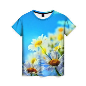 Женская футболка 3D с принтом Ромашка полевая в Санкт-Петербурге, 100% полиэфир ( синтетическое хлопкоподобное полотно) | прямой крой, круглый вырез горловины, длина до линии бедер | flower | лето | поле | полевой цветок | цветочки | цветы