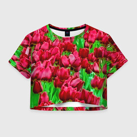 Женская футболка 3D укороченная с принтом Поле цветов в Санкт-Петербурге, 100% полиэстер | круглая горловина, длина футболки до линии талии, рукава с отворотами | flower | весна | красные | цветочки | цветы