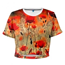 Женская футболка 3D укороченная с принтом Маковое поле в Санкт-Петербурге, 100% полиэстер | круглая горловина, длина футболки до линии талии, рукава с отворотами | flower | красные | лето | поле | полевой цветок | цветочки | цветы
