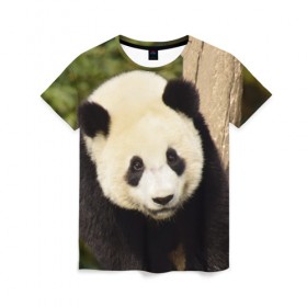 Женская футболка 3D с принтом Панда на дереве в Санкт-Петербурге, 100% полиэфир ( синтетическое хлопкоподобное полотно) | прямой крой, круглый вырез горловины, длина до линии бедер | животные | лес | медведь | медвежонок | панда | природа