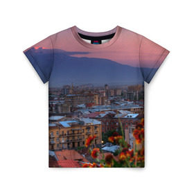 Детская футболка 3D с принтом Армения в Санкт-Петербурге, 100% гипоаллергенный полиэфир | прямой крой, круглый вырез горловины, длина до линии бедер, чуть спущенное плечо, ткань немного тянется | айастан | армения | город | горы | дома | ереван | закат | пейзаж | ромашки | столица | страна | флора | хайастан | цветы | эривань