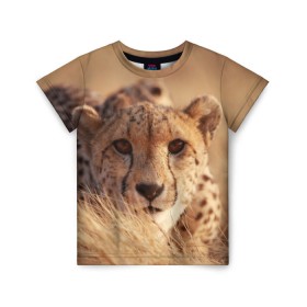 Детская футболка 3D с принтом Гепард в Санкт-Петербурге, 100% гипоаллергенный полиэфир | прямой крой, круглый вырез горловины, длина до линии бедер, чуть спущенное плечо, ткань немного тянется | Тематика изображения на принте: амурский | гепард | животные | зверь | киса | кот | котенок | кошка | лев | леопард | пума | рысь | серый | тигр | тигренок | хищник