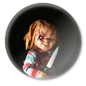 Значок с принтом Чаки в Санкт-Петербурге,  металл | круглая форма, металлическая застежка в виде булавки | chucky | кино | кровь | кукла | нож | ужасы | чаки