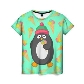 Женская футболка 3D с принтом Пингвин с мороженым в Санкт-Петербурге, 100% полиэфир ( синтетическое хлопкоподобное полотно) | прямой крой, круглый вырез горловины, длина до линии бедер | животные | милые животные | мороженое | пингвин | прикольные животные
