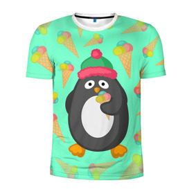 Мужская футболка 3D спортивная с принтом Пингвин с мороженым в Санкт-Петербурге, 100% полиэстер с улучшенными характеристиками | приталенный силуэт, круглая горловина, широкие плечи, сужается к линии бедра | Тематика изображения на принте: животные | милые животные | мороженое | пингвин | прикольные животные