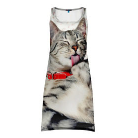 Платье-майка 3D с принтом Кошка в Санкт-Петербурге, 100% полиэстер | полуприлегающий силуэт, широкие бретели, круглый вырез горловины, удлиненный подол сзади. | cat | collar | heel | licking | lying | red | striped | кошка | красный | лежит | лижет | ошейник | полосатая | пятка