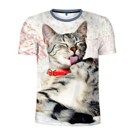 Мужская футболка 3D спортивная с принтом Кошка в Санкт-Петербурге, 100% полиэстер с улучшенными характеристиками | приталенный силуэт, круглая горловина, широкие плечи, сужается к линии бедра | cat | collar | heel | licking | lying | red | striped | кошка | красный | лежит | лижет | ошейник | полосатая | пятка