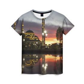 Женская футболка 3D с принтом Мечеть в Грозном в Санкт-Петербурге, 100% полиэфир ( синтетическое хлопкоподобное полотно) | прямой крой, круглый вырез горловины, длина до линии бедер | Тематика изображения на принте: вода | город | грозный | закат | ичкерия | кааба | мечеть | огни | пейзаж | святилище | столица | фонтан | храм | чечня