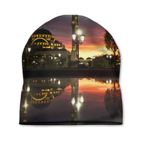 Шапка 3D с принтом Мечеть в Грозном в Санкт-Петербурге, 100% полиэстер | универсальный размер, печать по всей поверхности изделия | вода | город | грозный | закат | ичкерия | кааба | мечеть | огни | пейзаж | святилище | столица | фонтан | храм | чечня