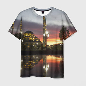 Мужская футболка 3D с принтом Мечеть в Грозном в Санкт-Петербурге, 100% полиэфир | прямой крой, круглый вырез горловины, длина до линии бедер | вода | город | грозный | закат | ичкерия | кааба | мечеть | огни | пейзаж | святилище | столица | фонтан | храм | чечня