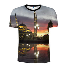 Мужская футболка 3D спортивная с принтом Мечеть в Грозном в Санкт-Петербурге, 100% полиэстер с улучшенными характеристиками | приталенный силуэт, круглая горловина, широкие плечи, сужается к линии бедра | Тематика изображения на принте: вода | город | грозный | закат | ичкерия | кааба | мечеть | огни | пейзаж | святилище | столица | фонтан | храм | чечня
