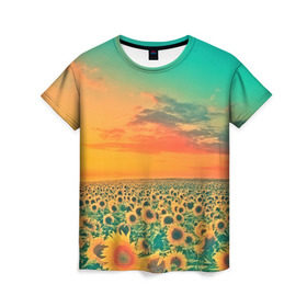 Женская футболка 3D с принтом Подсолнух в Санкт-Петербурге, 100% полиэфир ( синтетическое хлопкоподобное полотно) | прямой крой, круглый вырез горловины, длина до линии бедер | flower | лето | поле | полевой цветок | природа | цветочки | цветы