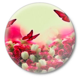Значок с принтом Весна и бабочки в Санкт-Петербурге,  металл | круглая форма, металлическая застежка в виде булавки | Тематика изображения на принте: flower | цветы