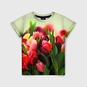 Детская футболка 3D с принтом Букет тюльпанов в Санкт-Петербурге, 100% гипоаллергенный полиэфир | прямой крой, круглый вырез горловины, длина до линии бедер, чуть спущенное плечо, ткань немного тянется | Тематика изображения на принте: flower | весна | цветочки | цветы