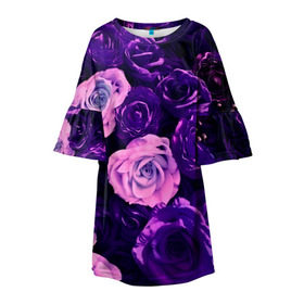 Детское платье 3D с принтом Фиолетовые розы в Санкт-Петербурге, 100% полиэстер | прямой силуэт, чуть расширенный к низу. Круглая горловина, на рукавах — воланы | Тематика изображения на принте: flower | прикцветочки | розы | цветы