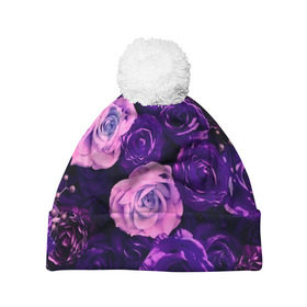 Шапка 3D c помпоном с принтом Фиолетовые розы в Санкт-Петербурге, 100% полиэстер | универсальный размер, печать по всей поверхности изделия | flower | прикцветочки | розы | цветы
