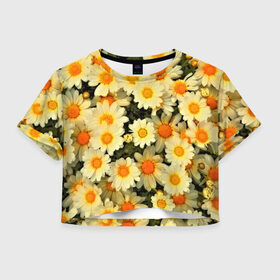 Женская футболка 3D укороченная с принтом Жёлтые цветочки в Санкт-Петербурге, 100% полиэстер | круглая горловина, длина футболки до линии талии, рукава с отворотами | flower | лето | полевой цветок | цветочки | цветы