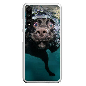 Чехол для Honor 20 с принтом Пес дайвер в Санкт-Петербурге, Силикон | Область печати: задняя сторона чехла, без боковых панелей | вода | гребет | дайвер | животное | купается | лапы | нос | пес | плавец | плывет | под водой | прикольный | пузыри | смешной | собака | щенок