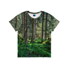 Детская футболка 3D с принтом Темный лес в Санкт-Петербурге, 100% гипоаллергенный полиэфир | прямой крой, круглый вырез горловины, длина до линии бедер, чуть спущенное плечо, ткань немного тянется | бор | деревья | ель | ельник | заповедник | камни | красивый | лес | лето | мох | мрачный | прекрасный | природа | флора | чудесный