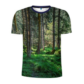 Мужская футболка 3D спортивная с принтом Темный лес в Санкт-Петербурге, 100% полиэстер с улучшенными характеристиками | приталенный силуэт, круглая горловина, широкие плечи, сужается к линии бедра | бор | деревья | ель | ельник | заповедник | камни | красивый | лес | лето | мох | мрачный | прекрасный | природа | флора | чудесный