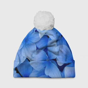 Шапка 3D c помпоном с принтом Синие цветы в Санкт-Петербурге, 100% полиэстер | универсальный размер, печать по всей поверхности изделия | 