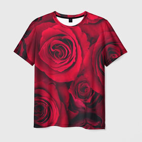 Мужская футболка 3D с принтом Красные розы в Санкт-Петербурге, 100% полиэфир | прямой крой, круглый вырез горловины, длина до линии бедер | 8 марта | букет | весна | дары флоры | женщине | красные | лепестки | лето | любовь | отношения | подарок | розы | романтика | флора | цветок | цветы