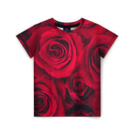 Детская футболка 3D с принтом Красные розы в Санкт-Петербурге, 100% гипоаллергенный полиэфир | прямой крой, круглый вырез горловины, длина до линии бедер, чуть спущенное плечо, ткань немного тянется | 8 марта | букет | весна | дары флоры | женщине | красные | лепестки | лето | любовь | отношения | подарок | розы | романтика | флора | цветок | цветы