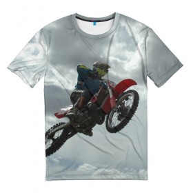 Мужская футболка 3D с принтом Мото гонщик в Санкт-Петербурге, 100% полиэфир | прямой крой, круглый вырез горловины, длина до линии бедер | байк | гонка | гонщик | колеса | колесо | мотоцикл | небо | полет | прыжок | спорт | спортивный