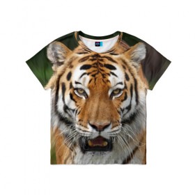 Детская футболка 3D с принтом Тигр в Санкт-Петербурге, 100% гипоаллергенный полиэфир | прямой крой, круглый вырез горловины, длина до линии бедер, чуть спущенное плечо, ткань немного тянется | дикая кошка | клыки | кошка | пасть | сафари | тигр | хищник