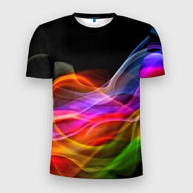 Мужская футболка 3D спортивная с принтом Цветной дым в Санкт-Петербурге, 100% полиэстер с улучшенными характеристиками | приталенный силуэт, круглая горловина, широкие плечи, сужается к линии бедра | абстракция | волны | дым | узоры | форма | цвет