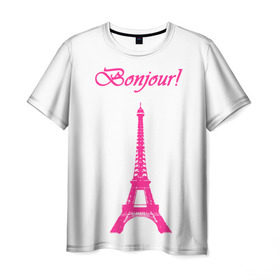 Мужская футболка 3D с принтом Bonjour в Санкт-Петербурге, 100% полиэфир | прямой крой, круглый вырез горловины, длина до линии бедер | Тематика изображения на принте: bonjour | france | hi | paris | the eiffel tower | tourism | башня | париж | привет | туризм | франция | эйфелева