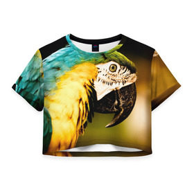 Женская футболка 3D укороченная с принтом Попугай в Санкт-Петербурге, 100% полиэстер | круглая горловина, длина футболки до линии талии, рукава с отворотами | Тематика изображения на принте: двое | классный | клюв | красивый | крылья | попугай | попугайчик | птица | птичка | радужный