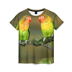 Женская футболка 3D с принтом Попугаи в Санкт-Петербурге, 100% полиэфир ( синтетическое хлопкоподобное полотно) | прямой крой, круглый вырез горловины, длина до линии бедер | двое | классный | клюв | красивый | крылья | попугай | попугайчик | птица | птичка | радужный