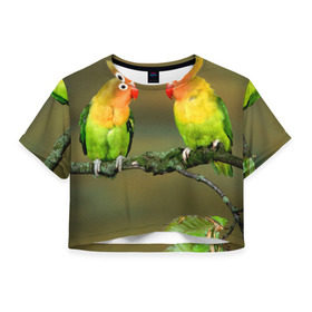 Женская футболка 3D укороченная с принтом Попугаи в Санкт-Петербурге, 100% полиэстер | круглая горловина, длина футболки до линии талии, рукава с отворотами | Тематика изображения на принте: двое | классный | клюв | красивый | крылья | попугай | попугайчик | птица | птичка | радужный