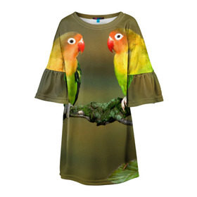 Детское платье 3D с принтом Попугаи в Санкт-Петербурге, 100% полиэстер | прямой силуэт, чуть расширенный к низу. Круглая горловина, на рукавах — воланы | двое | классный | клюв | красивый | крылья | попугай | попугайчик | птица | птичка | радужный