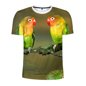 Мужская футболка 3D спортивная с принтом Попугаи в Санкт-Петербурге, 100% полиэстер с улучшенными характеристиками | приталенный силуэт, круглая горловина, широкие плечи, сужается к линии бедра | Тематика изображения на принте: двое | классный | клюв | красивый | крылья | попугай | попугайчик | птица | птичка | радужный