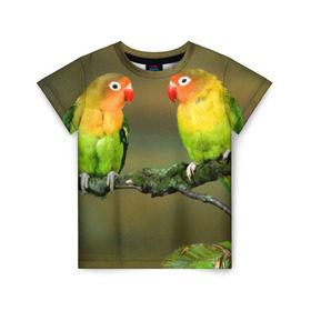 Детская футболка 3D с принтом Попугаи в Санкт-Петербурге, 100% гипоаллергенный полиэфир | прямой крой, круглый вырез горловины, длина до линии бедер, чуть спущенное плечо, ткань немного тянется | двое | классный | клюв | красивый | крылья | попугай | попугайчик | птица | птичка | радужный