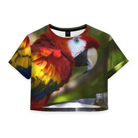 Женская футболка 3D укороченная с принтом Попугайчик в Санкт-Петербурге, 100% полиэстер | круглая горловина, длина футболки до линии талии, рукава с отворотами | Тематика изображения на принте: 